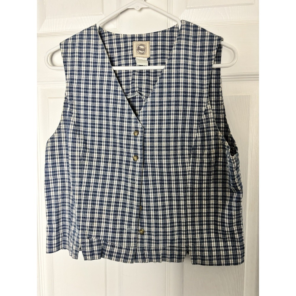 Vintage G.H. Bass Blue Plaid Vest Women's‎ Sz Medium Button Front Cotton